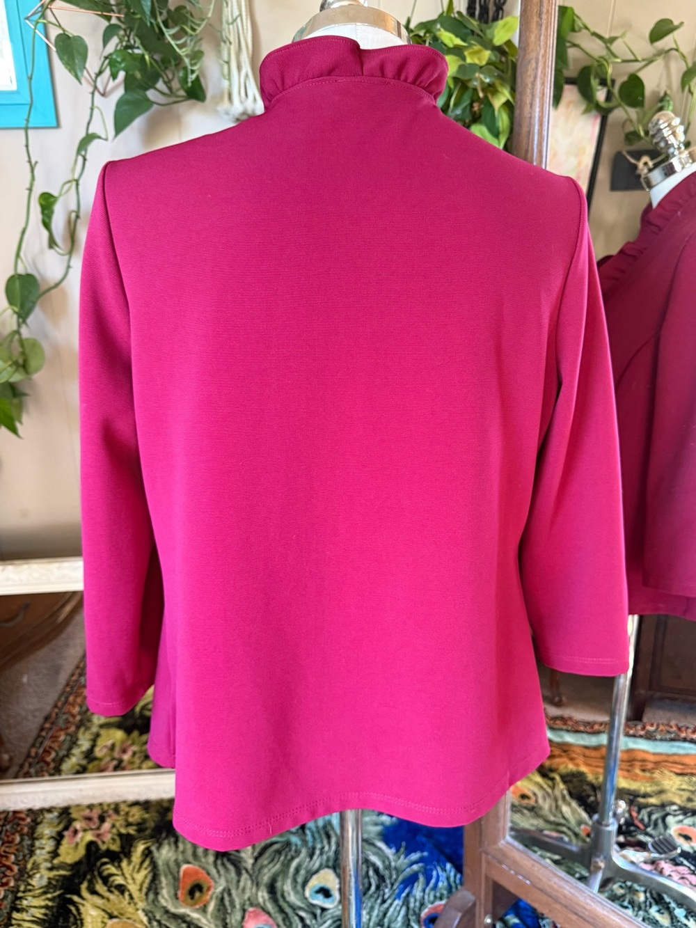Slinky Brand Ruffle-Trim Open Front Jacket in Deep Raspberry, L - Picture 3 of 7